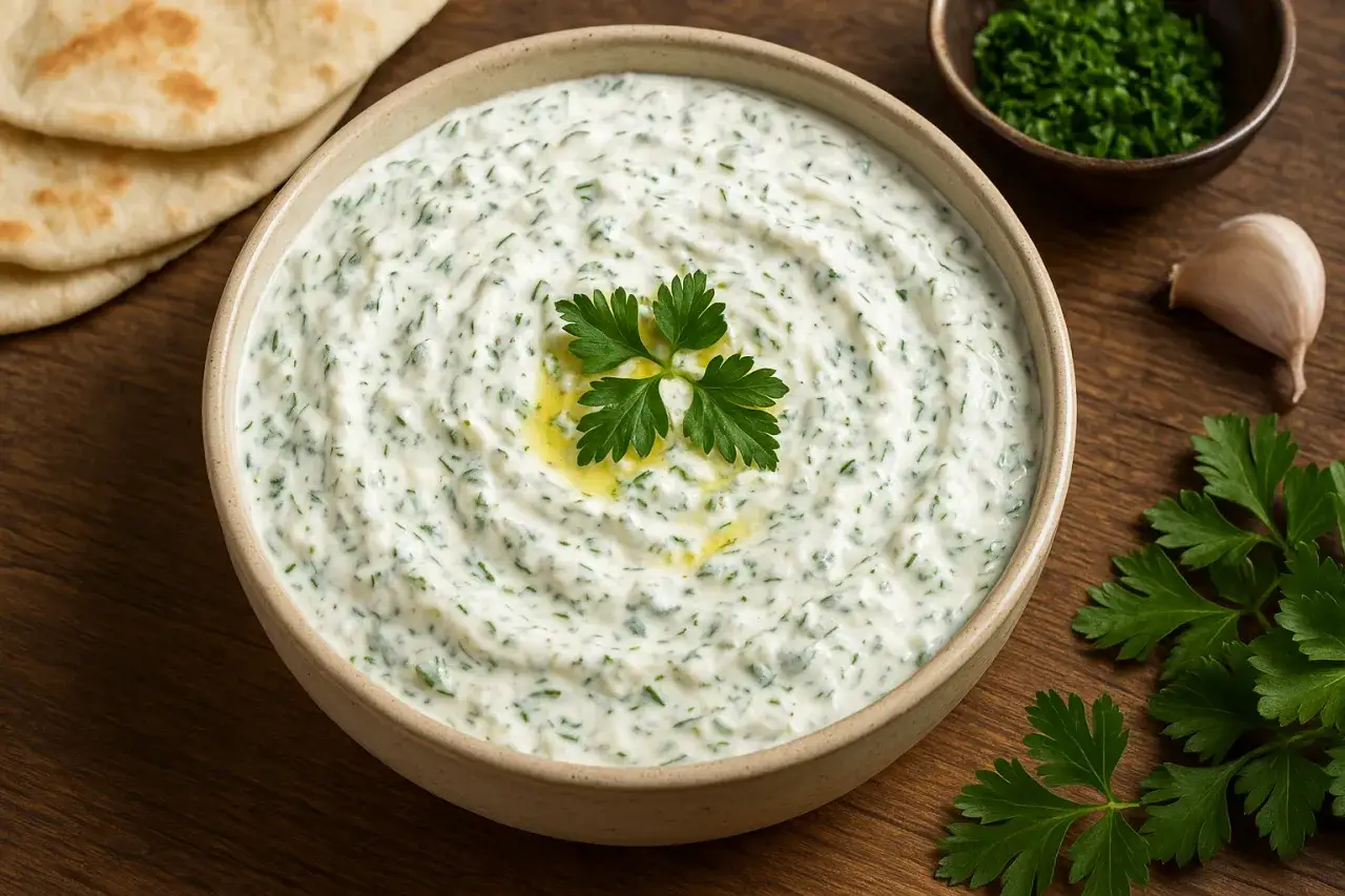 Kremowy, oryginalny turecki sos do kebaba z ziołami, podany z pitą i czosnkiem.