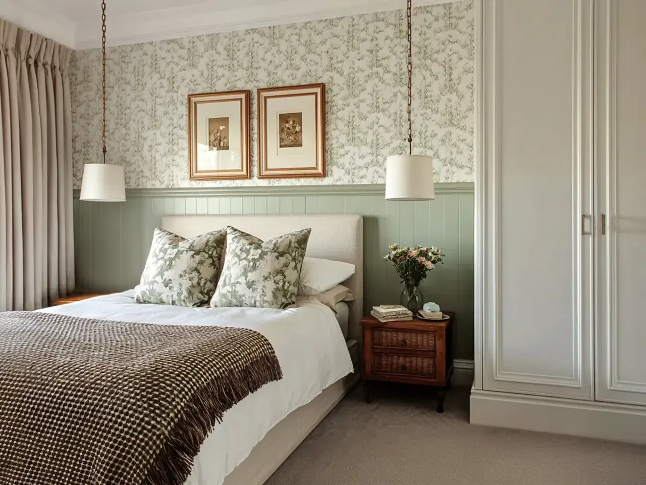 Sypialnia z boazerią angielską w zielonym kolorze, tapetą w kwiaty i dwoma obrazami.
