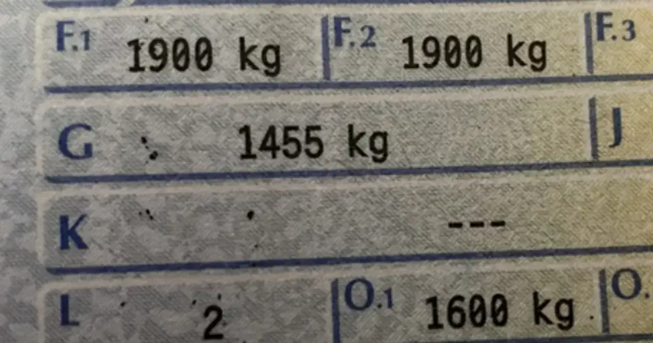 Masa całkowita w dowodzie rejestracyjnym: F.1 1900 kg, F.2 1900 kg, G 1455 kg, O.1 1600 kg.