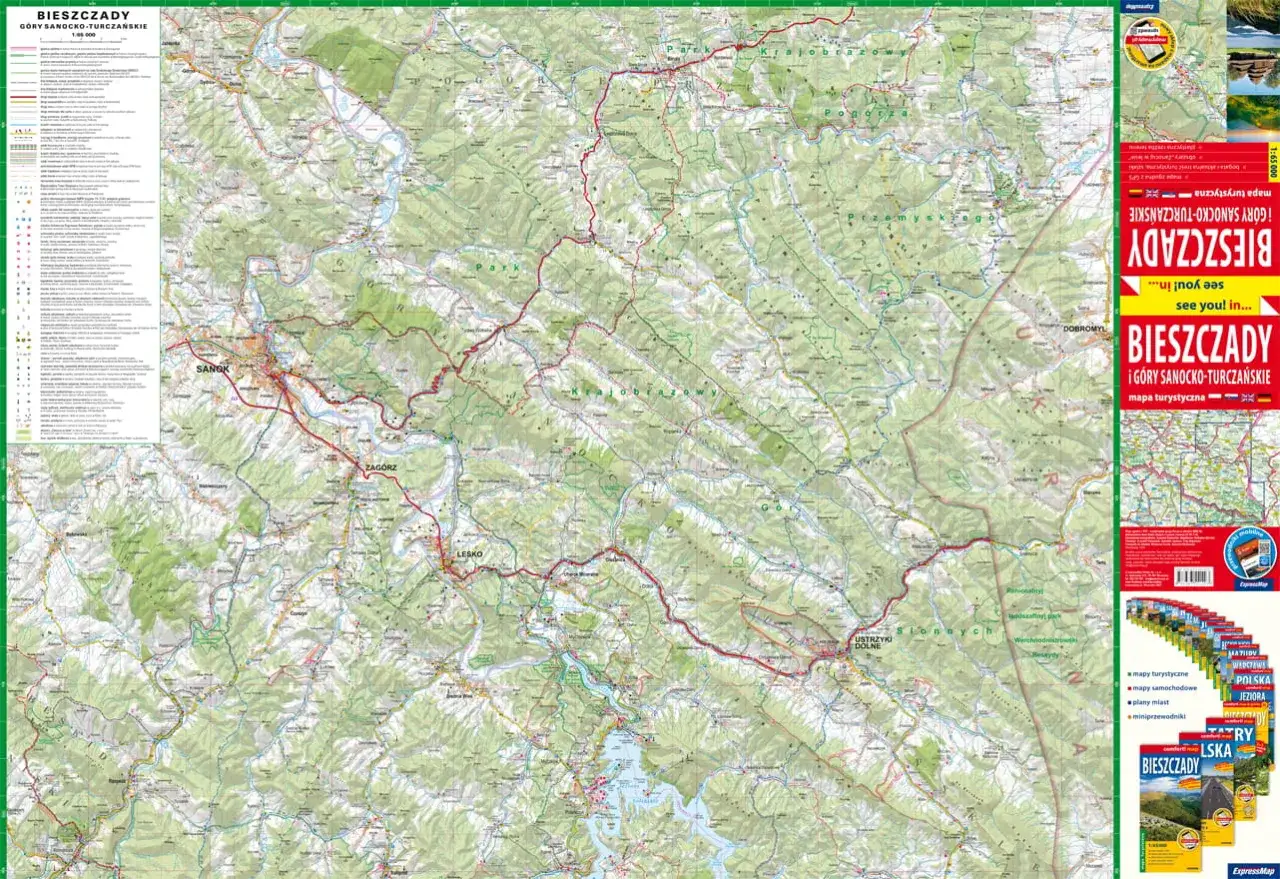 Mapa turystyczna Bieszczad i G&oacute;r Sanocko-Turczańskich. Widoczne miejscowości: Sanok, Zag&oacute;rz, Lesko, Ustrzyki Dolne. Piękne Bieszczady czekają na odkrycie!