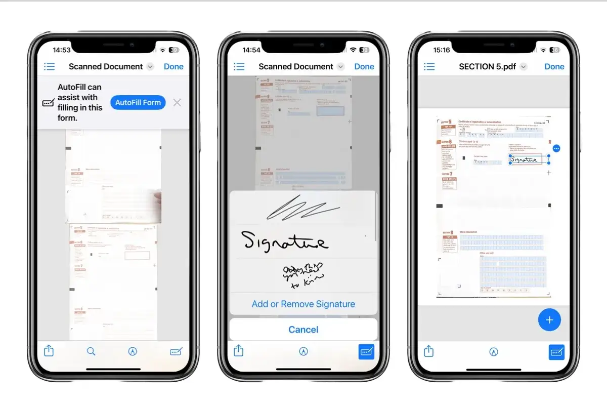 Jak zrobic skan w iPhone: aplikacja skanuje dokument, pozwala dodać podpis i wypełnić formularz.