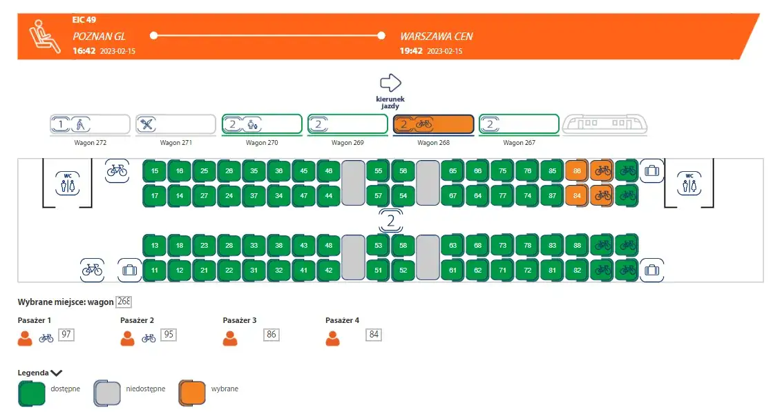 Wyb&oacute;r miejsca w pociągu PKP Intercity graficzna rezerwacja