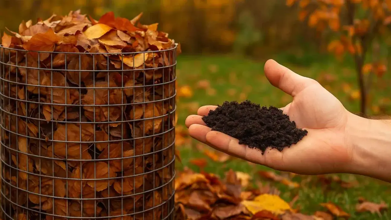 Złote liście w kompostowniku, obok dłoń z gotowym, ciemnym humusem. Efekt kompostowania na gorąco.