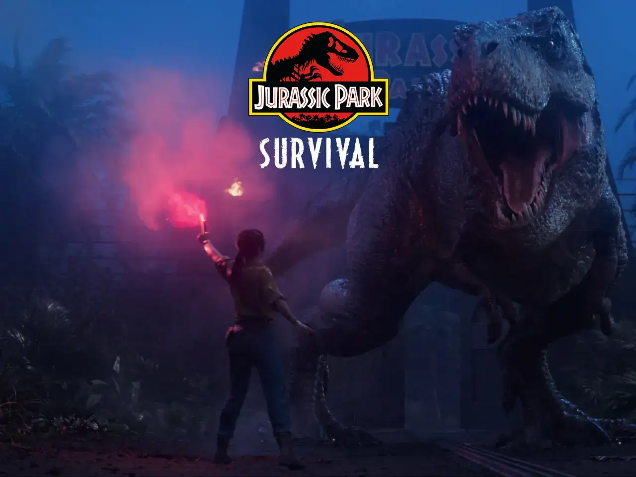 Dziewczyna z flarą w ręku ucieka przed T-Rexem. Walka o jurassic park survival trwa.