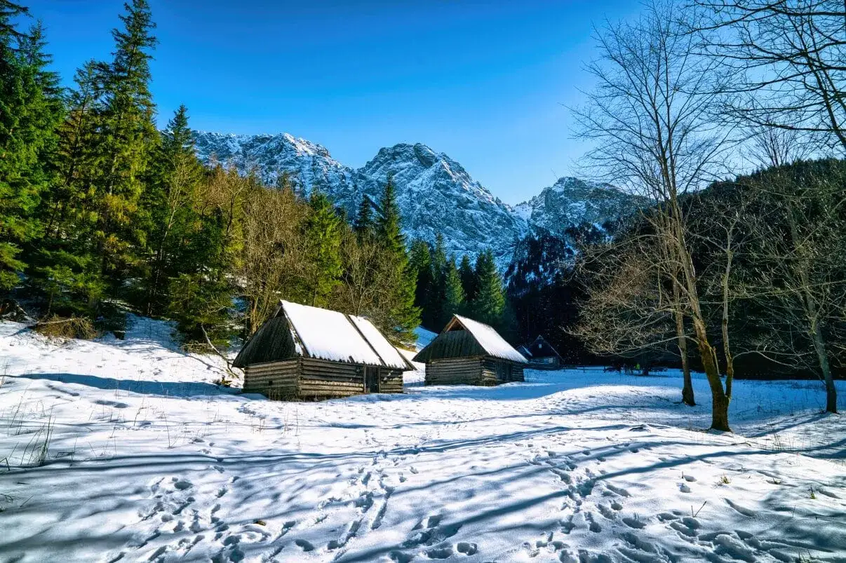 Śnieg pokrywa polanę z dwoma drewnianymi chatkami. W tle widać ośnieżone szczyty Tatr. Idealne miejsce na łatwe szlaki w Tatrach zimą.