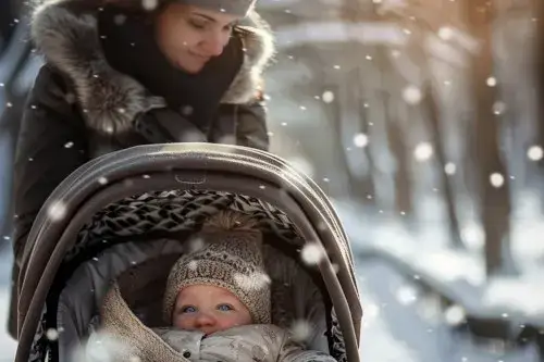 Niemowlę w kombinezonie w wózku i aktywne dziecko na śniegu