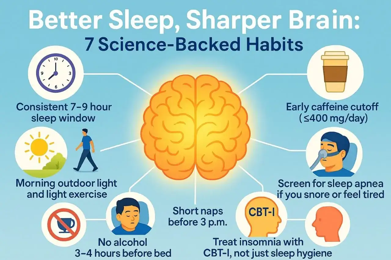 Dbanie o higienę układu nerwowego to klucz do lepszego snu i ostrości umysłu. Grafika pokazuje 7 nawyków: stały sen, światło i ruch, brak alkoholu, krótkie drzemki, ograniczenie kofeiny, badanie bezdechu i CBT-I.