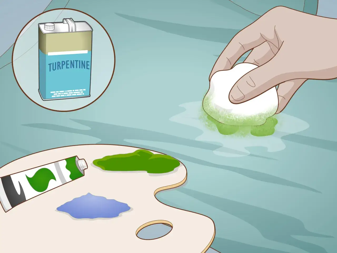 Pł&oacute;tno, farby i terpentyna. Ręka nasącza wacik, by zmyć plamy. Dowiedz się, czym zmyć farbę z ubrań.