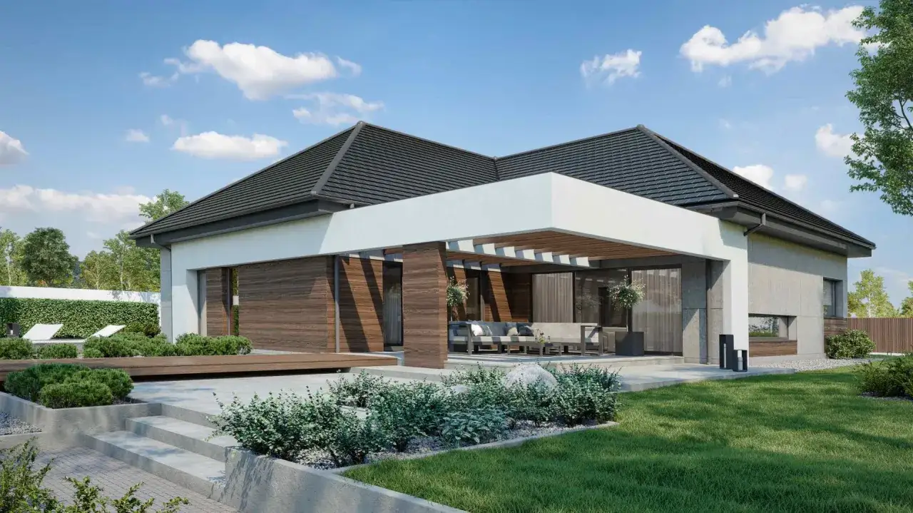 Nowoczesny dom z tarasem na dachu, otoczony zielenią i nowoczesną architekturą.