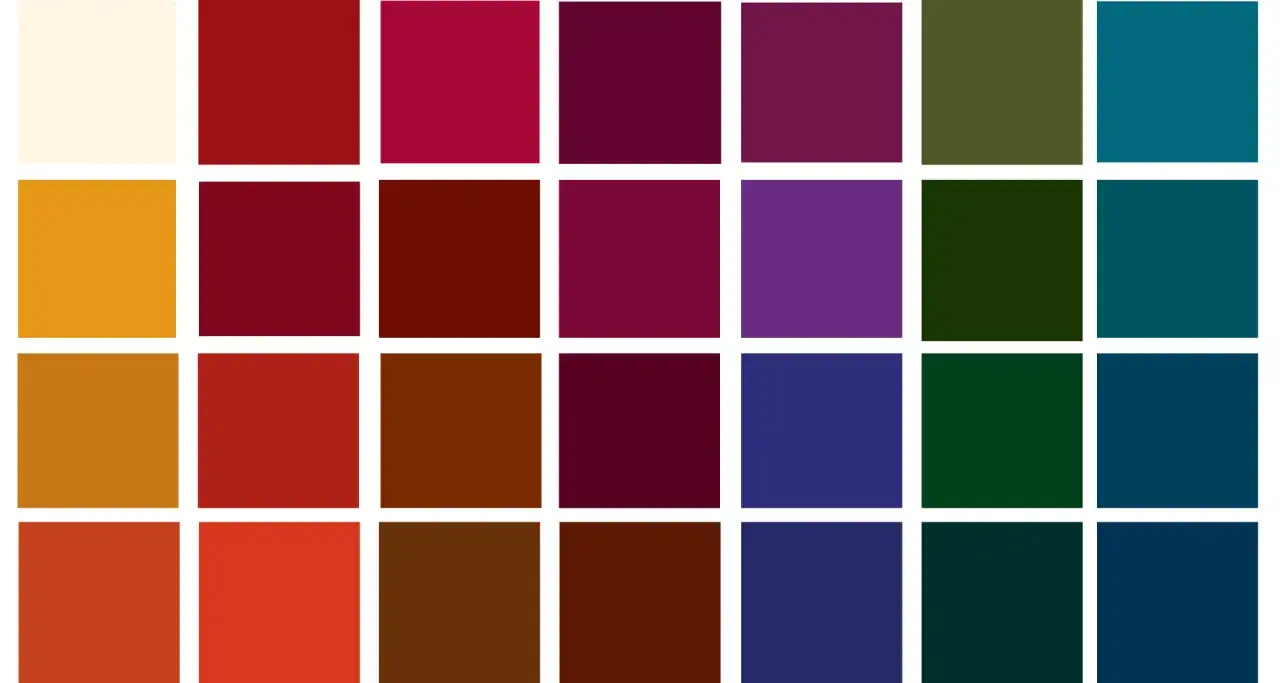 Zgaszona jesień kolory: od kremowego, przez odcienie czerwieni i brąz&oacute;w, po głębokie zielenie i granaty.