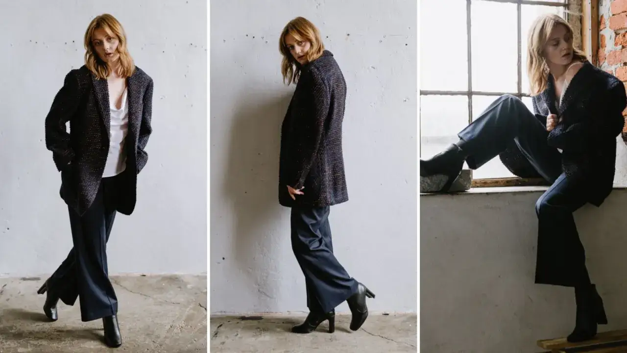 Eleganckie buty do damskich spodni, tworzące stylowy zestaw z marynarką.