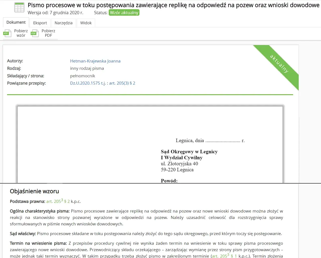 Wzór pisma procesowego z zaznaczonymi elementami