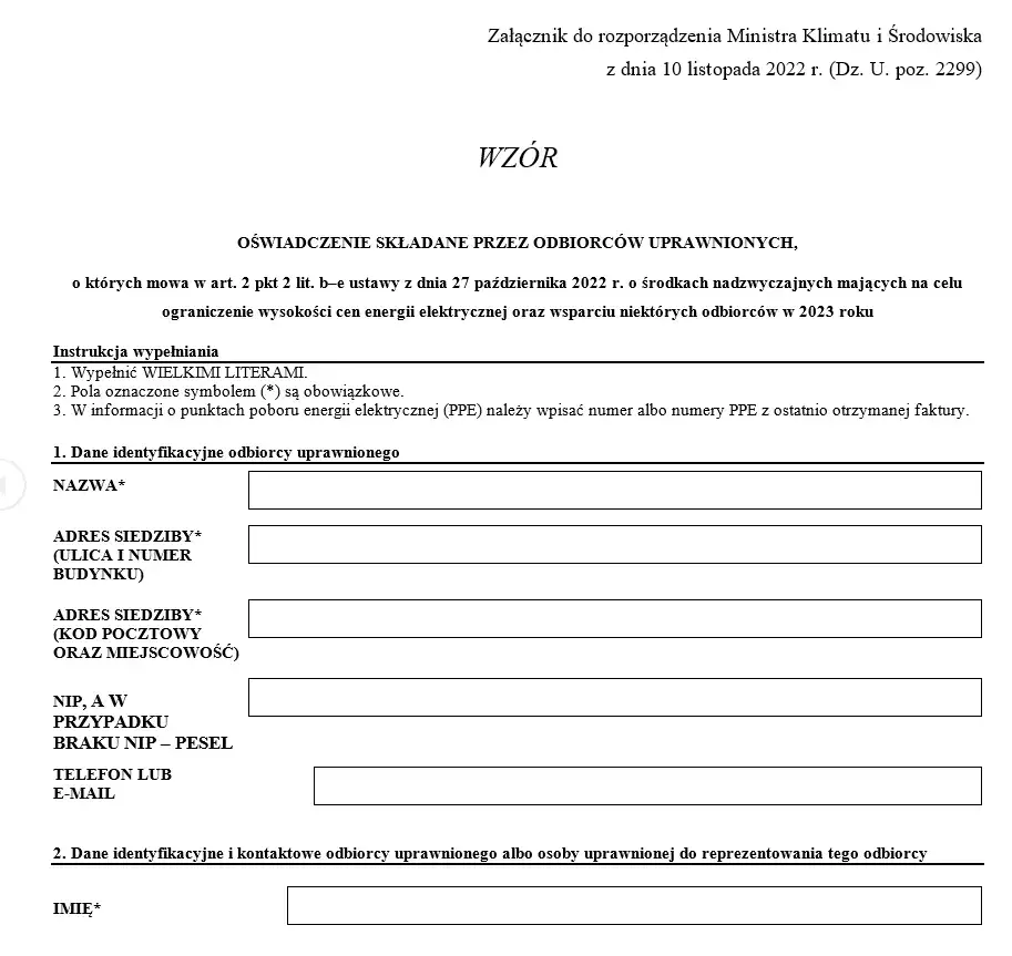 strona internetowa dostawcy energii z formularzem do pobrania