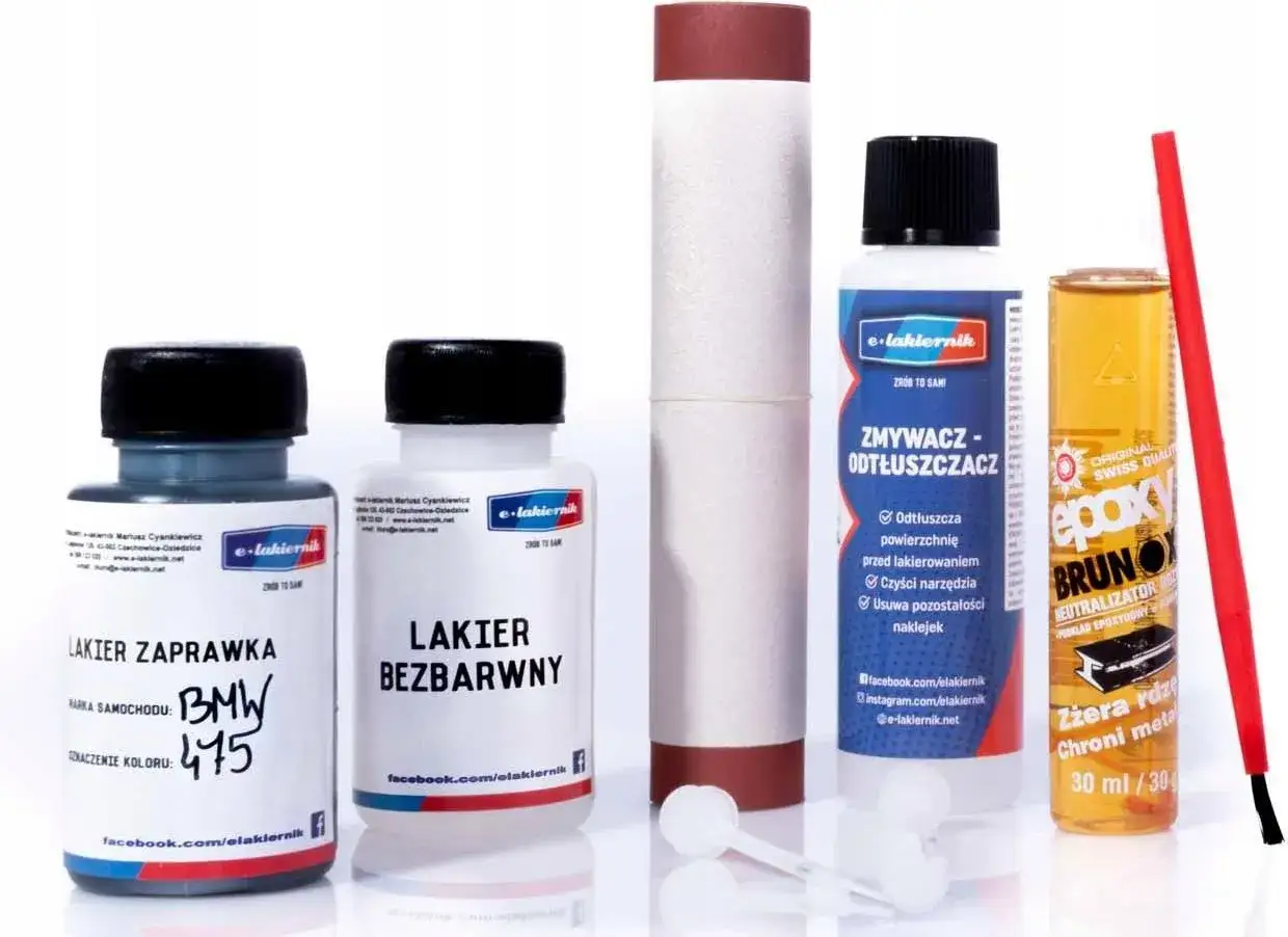 Zestaw do naprawy lakieru samochodowego: lakier zaprawka BMW 475, lakier bezbarwny, zmywacz, neutralizator rdzy. Jak zrobić zaprawkę lakierniczą?