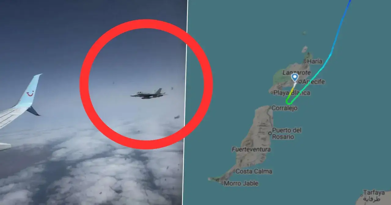 Widok z samolotu na F-16 i mapę Wysp Kanaryjskich. Zastanawiasz się, ile trwa lot na wyspy kanaryjskie z Warszawy?