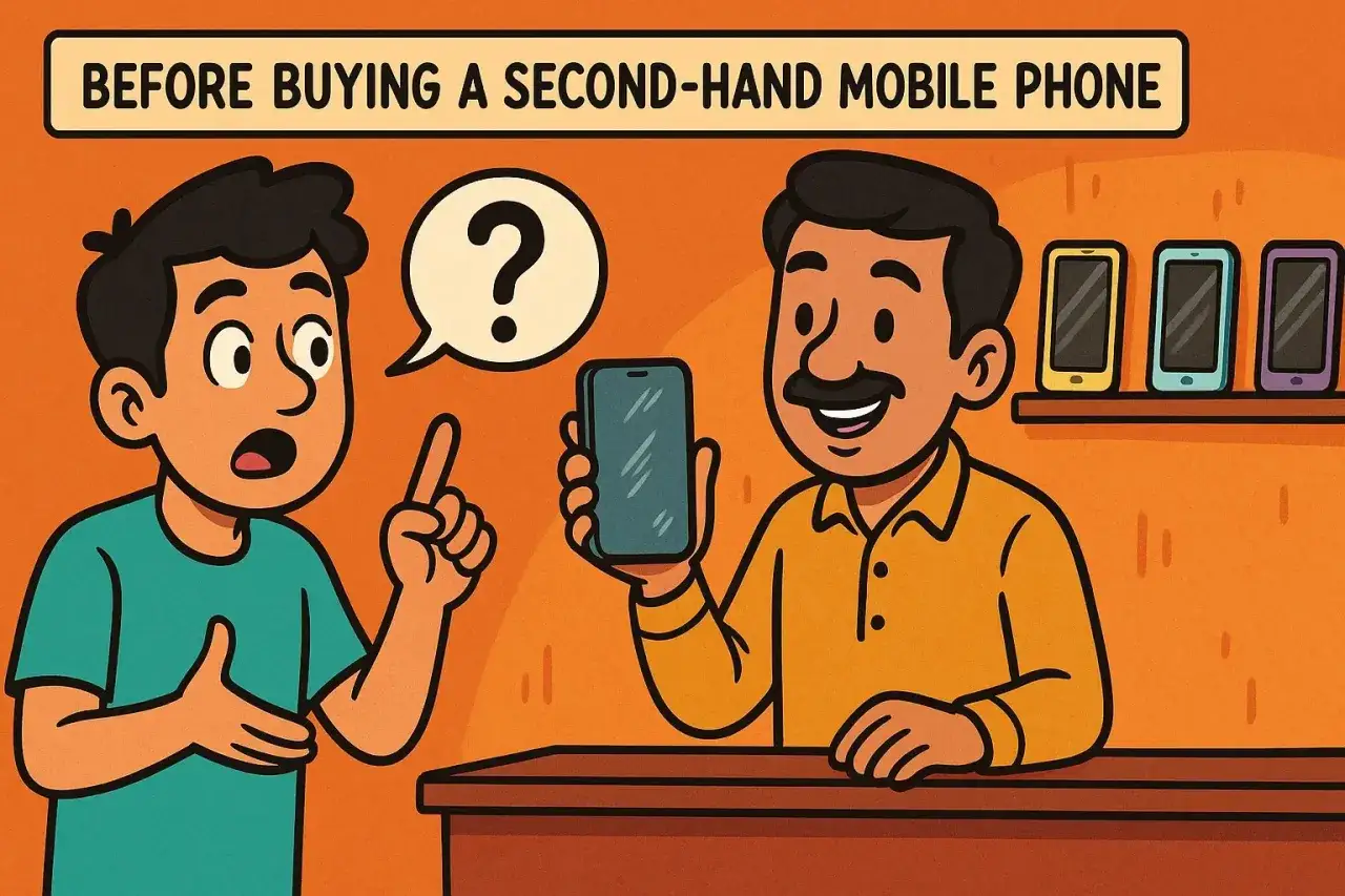 Chłopak pyta, jak sprawdzić telefon przed zakupem. Sprzedawca pokazuje mu smartfon.