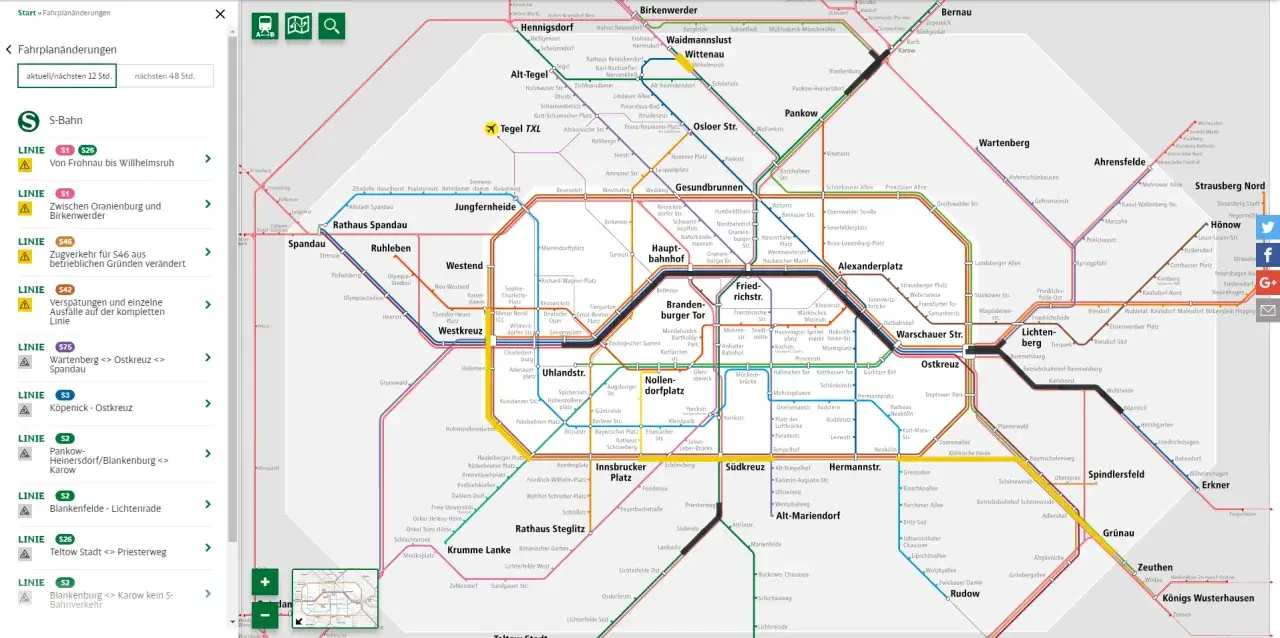 Mapa metra w Berlinie z zaznaczonymi liniami S-Bahn i U-Bahn. Widoczne nazwy stacji i węzłów przesiadkowych.