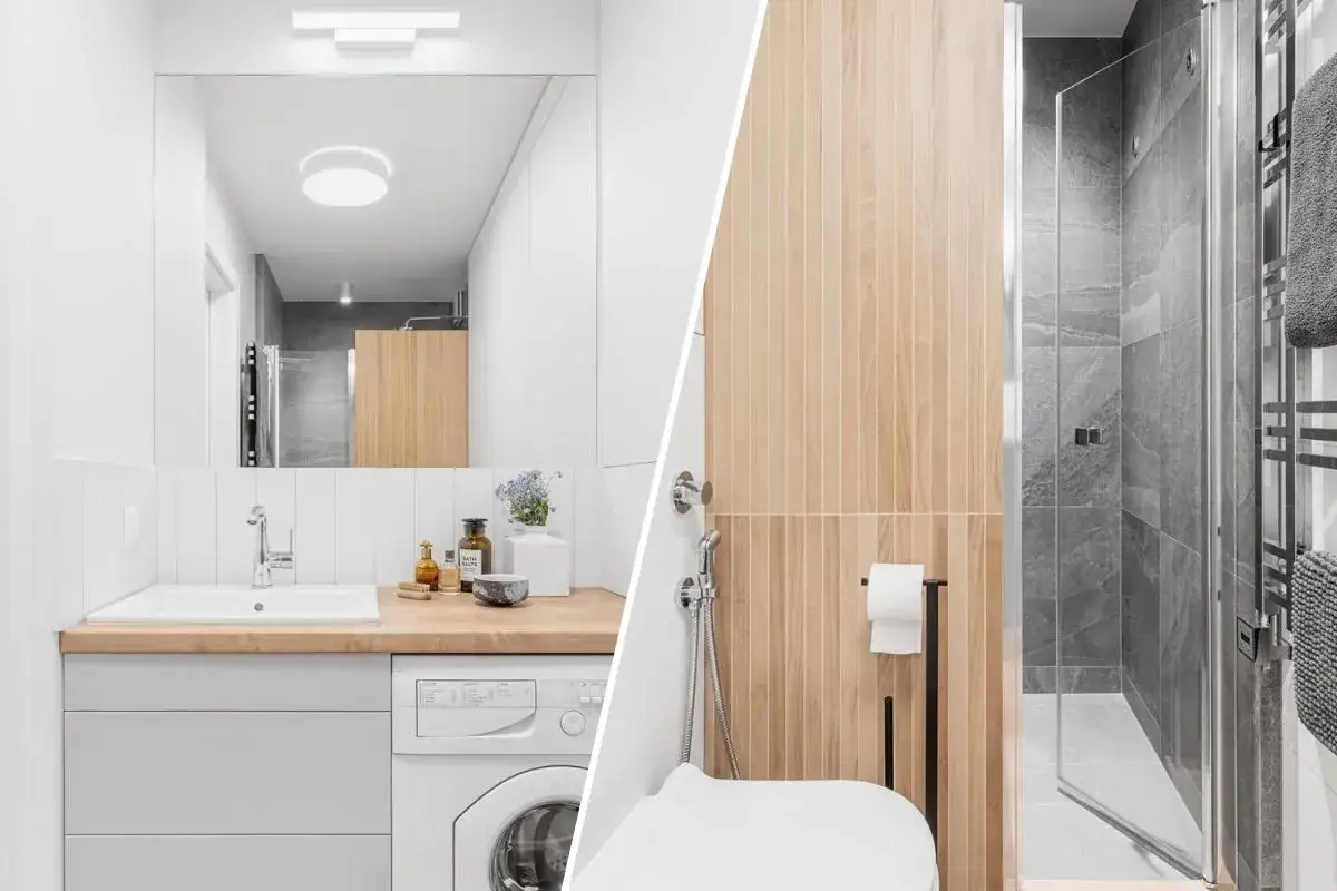 Kompaktowa łazienka 2m2 z pralką, umywalką i prysznicem. Drewniane akcenty i nowoczesne płytki tworzą przytulną atmosferę.