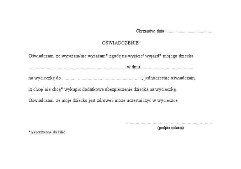 wz&oacute;r zgody na wycieczkę szkolną wypełniony