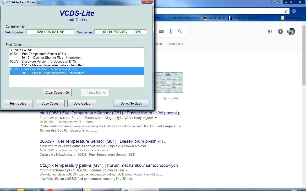VCDS błąd 00539 fuel temperature sensor