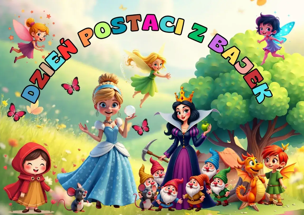 Wesoły dzień postaci z bajek! Wesołe skrzaty, Czerwony Kapturek, Kopciuszek, zła królowa i smok świętują w magicznym lesie.