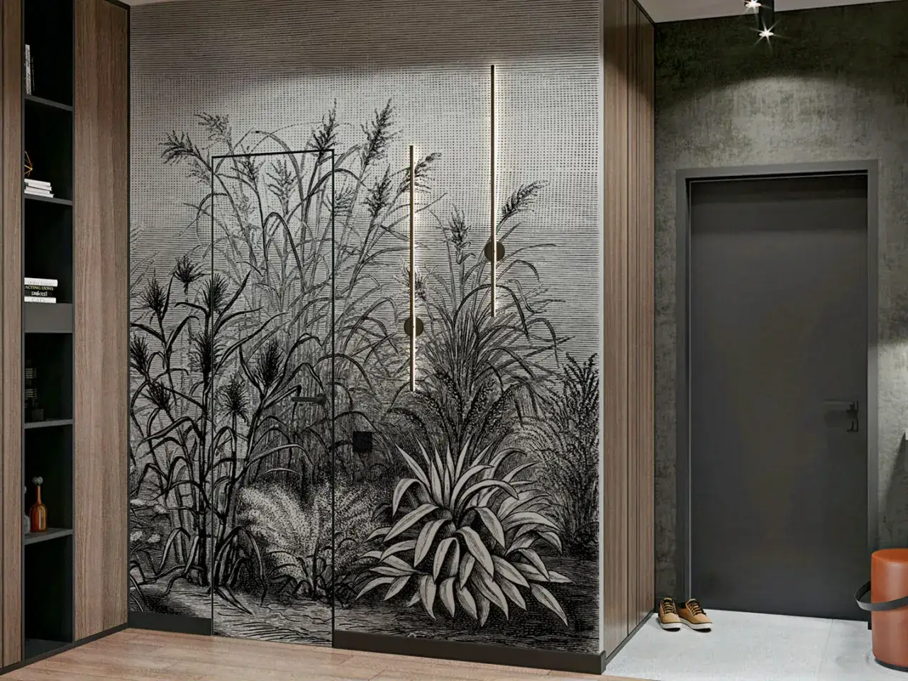 Nowoczesne wnętrze, gdzie grafika z roślinnością pomaga jak zamaskować drzwi. Obok ciemne drzwi i półki.