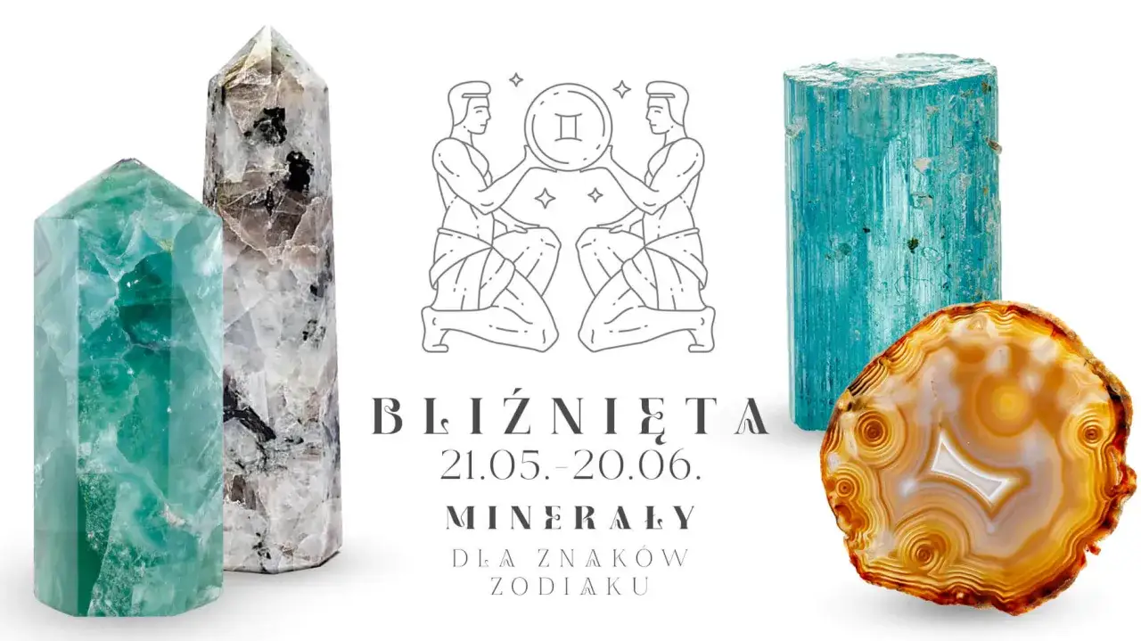 Kyanit i inne minerały dla znaku zodiaku Bliźniąt. Symbol Bliźniąt z dwoma postaciami trzymającymi monetę.
