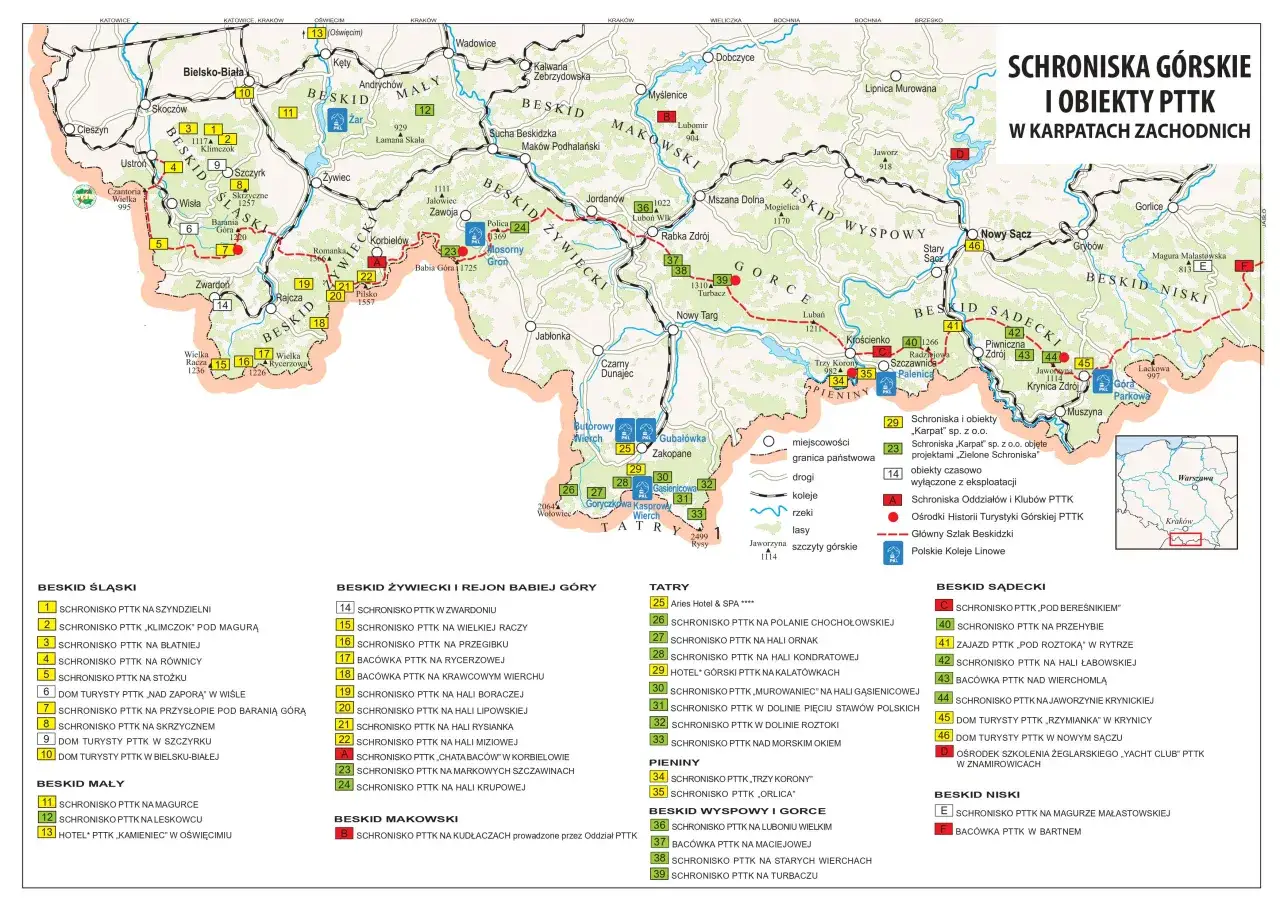 Mapa schronisk PTTK w Karpatach Zachodnich. Czy schronisko może odm&oacute;wić noclegu? Sprawdź na mapie, gdzie szukać dachu nad głową.