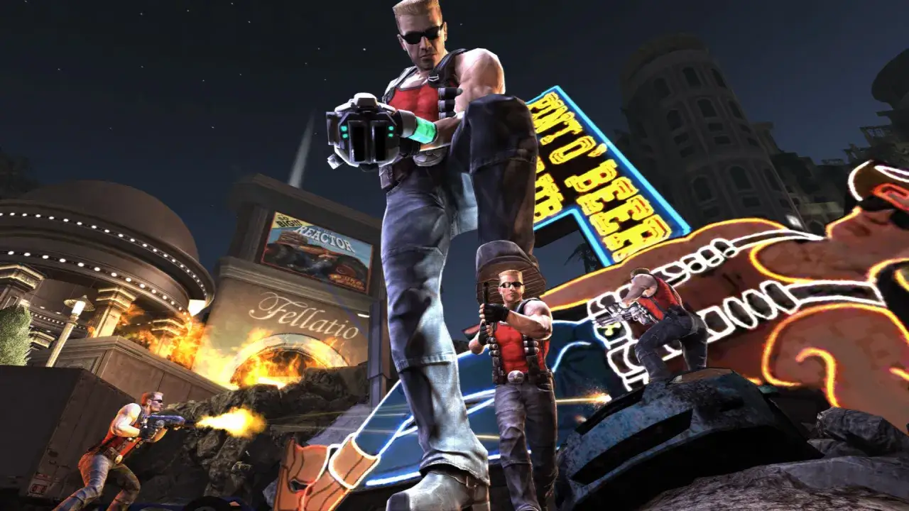 Duke Nukem Forever: gigantyczny Duke strzela w mieście, płoną budynki, neonowe reklamy.