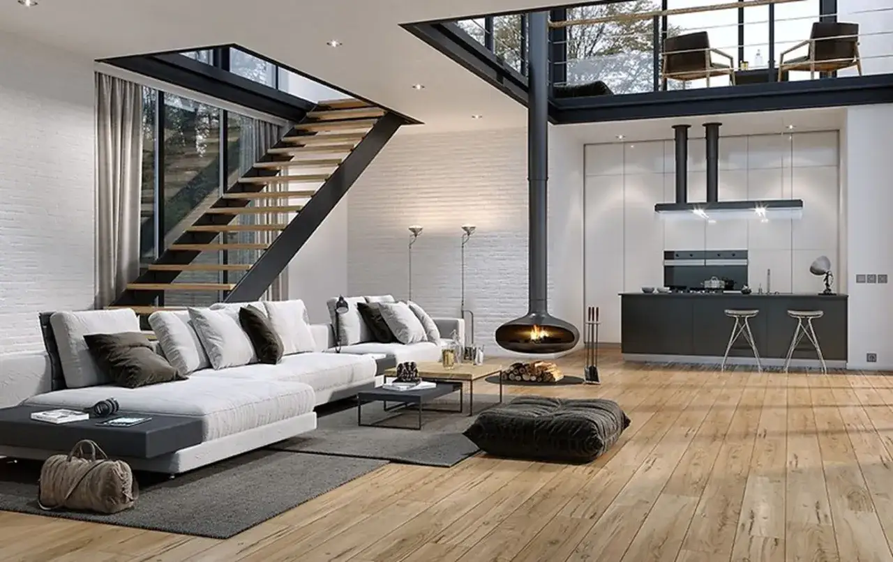 Nowoczesne mieszkanie z antresolą, otwartą kuchnią i wiszącym kominkiem. Jasna kanapa i drewniana podłoga tworzą przytulną atmosferę.