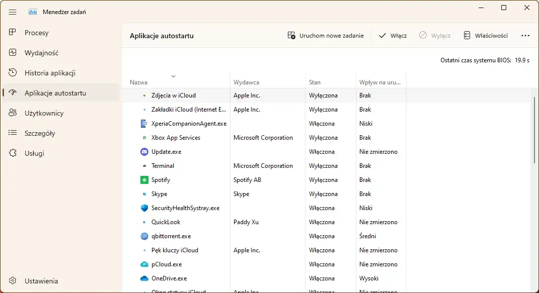 Menedżer zadań Windows zakładka autostart