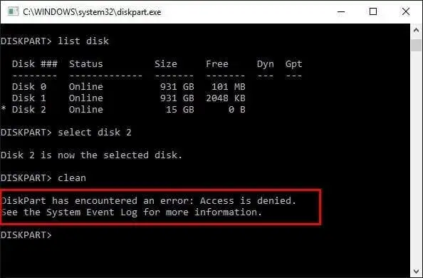 diskpart wiersz poleceń odblokowanie pendrive
