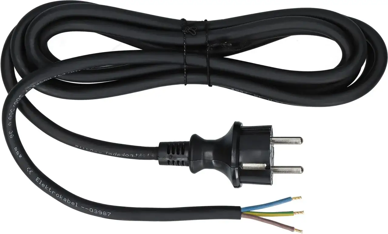 Czarny kabel z wtyczką Schuko i gołymi przewodami. Idealny jako kabel do oświetlenia, zapewniający bezpieczne podłączenie.