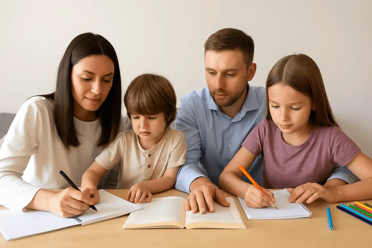 Rodzina wspólnie odrabia lekcje. Czy zajęcia wyrównawcze są obowiązkowe? Dzieci piszą, rodzice pomagają.