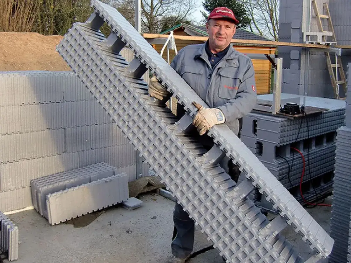 Budowniczy prezentuje element do budowy domu ze styropianu. W tle widać ułożone bloki.