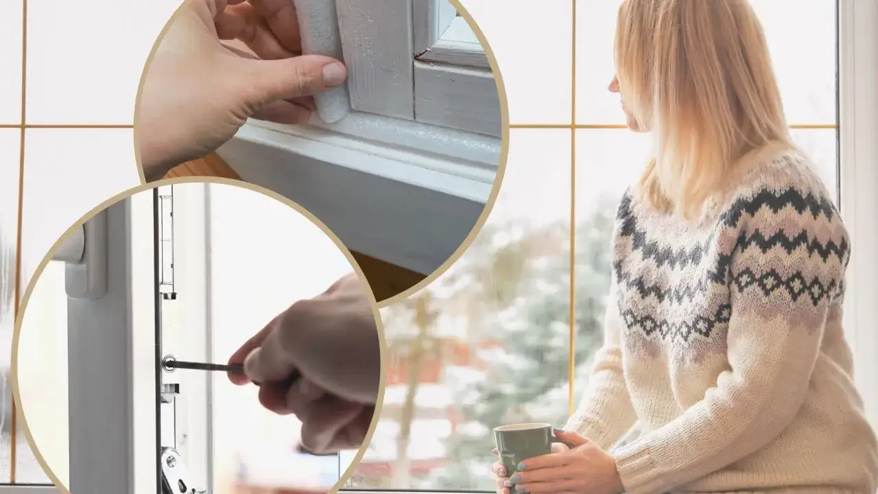 Regulacja szczelności okien: nakładanie uszczelki i dokręcanie śruby. Kobieta w swetrze pije kawę przy oknie.