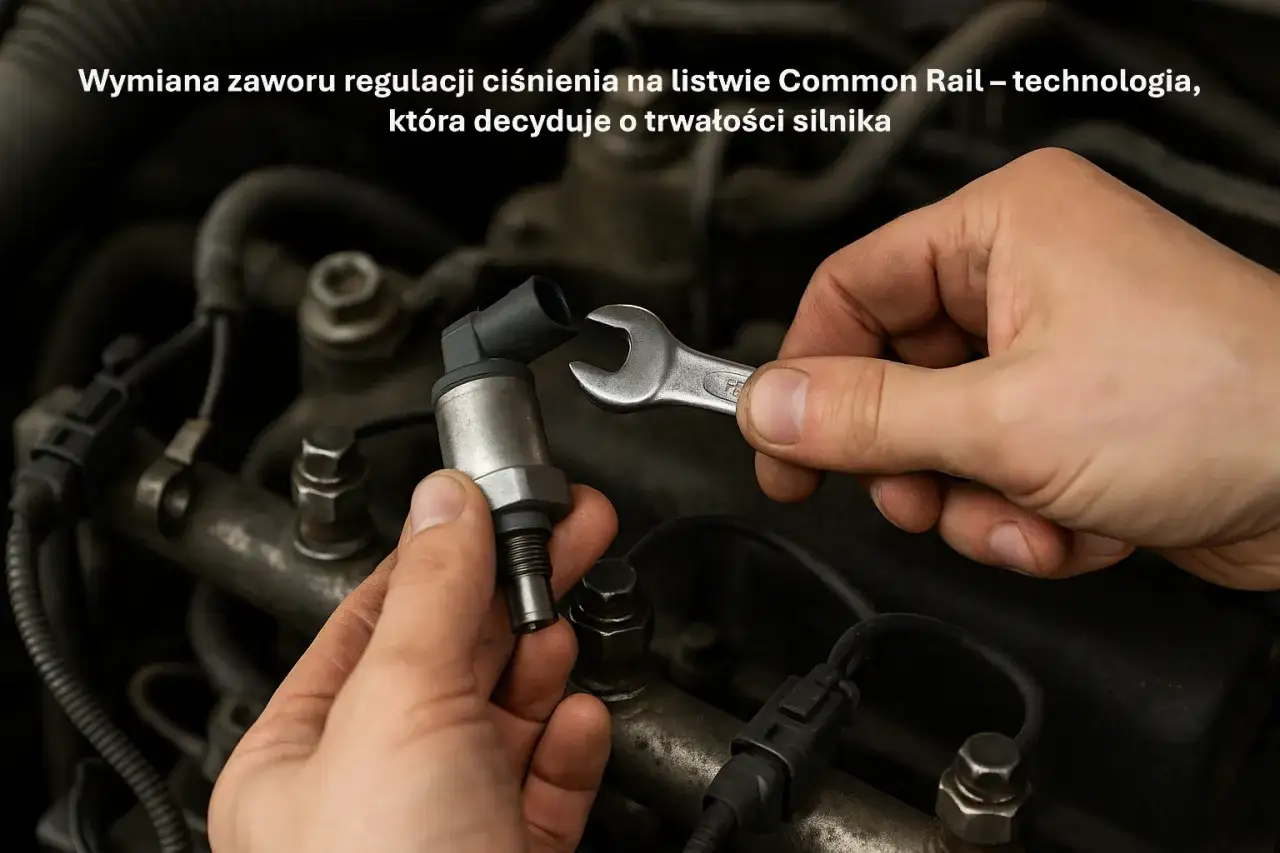 Mechanik wymienia zawór regulacji ciśnienia paliwa w silniku Common Rail.