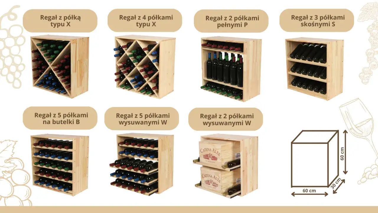 r&oacute;żne typy regał&oacute;w na wino i alkohole, regały modułowe, regały do piwniczki
