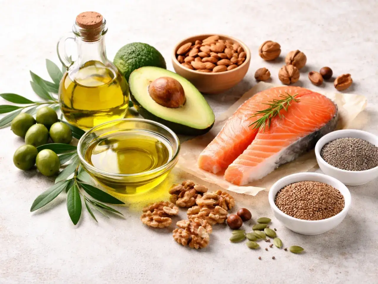 Oliwa, awokado, łosoś, orzechy i nasiona – zdrowe tłuszcze roślinne czy zwierzęce na talerzu.