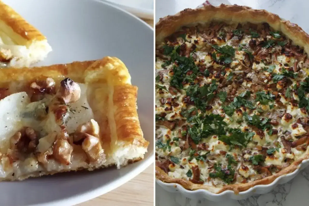 Dwa tarty na słono: jedna z serem i orzechami, druga z serem feta, grzybami i natką pietruszki. Pyszny farsz do tarty na słono.