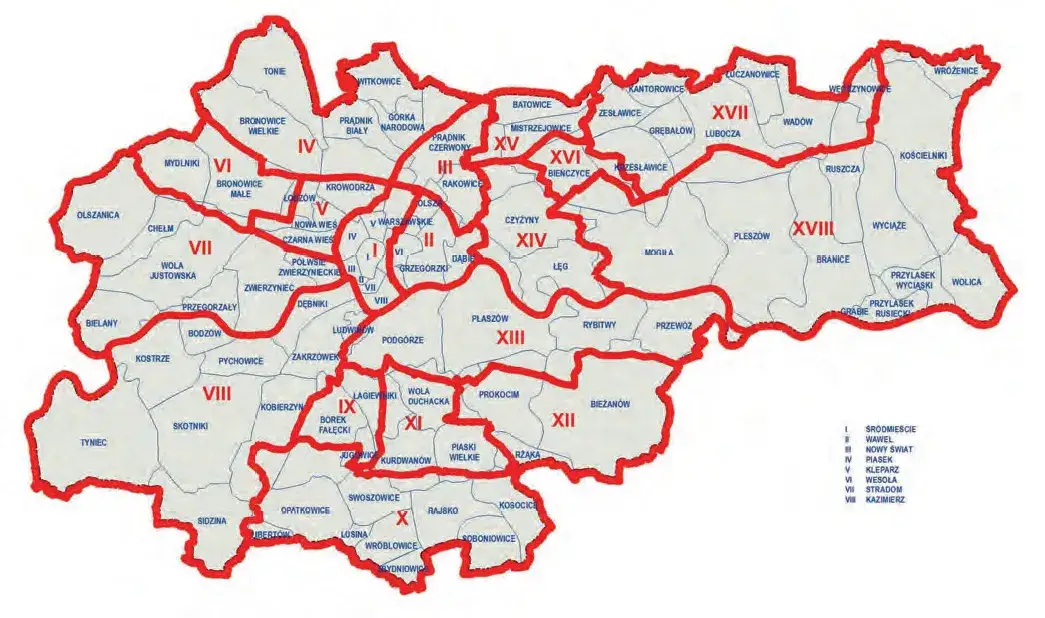 mapa dzielnic Krakowa z zaznaczonym Starym Miastem Kazimierzem Podgórzem