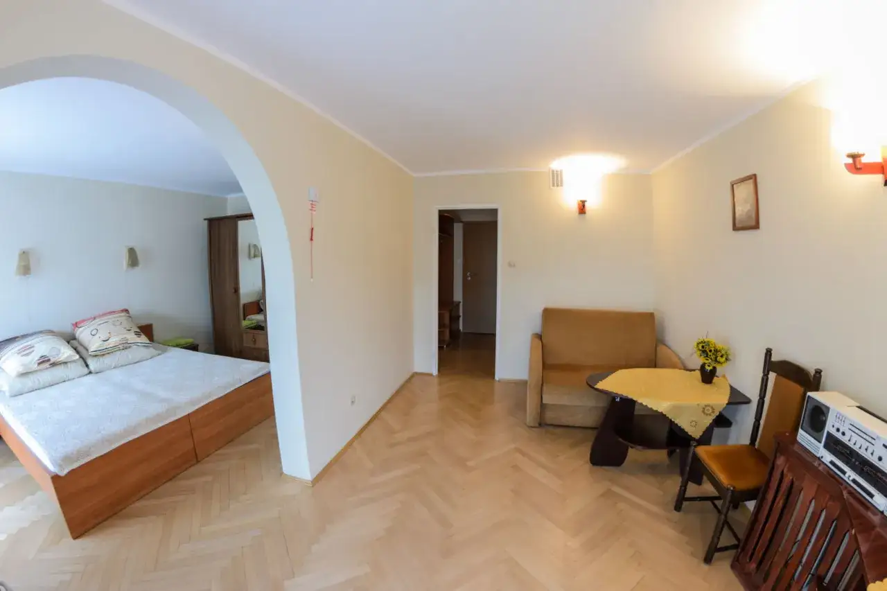 Pokój w sanatorium uzdrowiskowym Limba: łóżko, kanapa, stolik z kwiatami i radio.