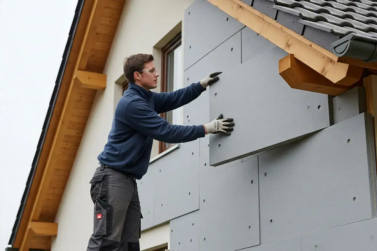 Budowlaniec montuje płyty styrodurowe na elewacji. Poznaj, jak wykończyć styrodur, by dom był ciepły i energooszczędny.