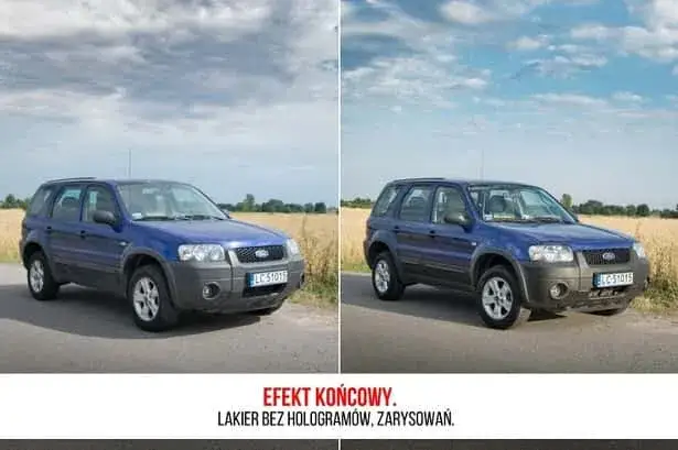 przed i po woskowaniu lakieru koloryzującym, auto z rysami i po wosku