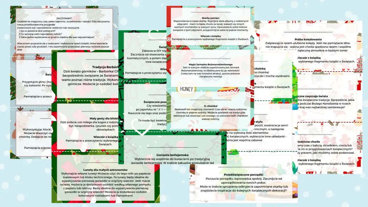Zadania do kalendarza adwentowego dla dzieci: lepienie z gliny, tworzenie choinki, nauka piosenek i inne świąteczne aktywności.