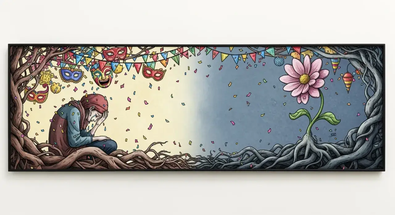 Smutna postać pod drzewem z maskami i konfetti, obok kwitnący kwiat. Groteskowy obraz świata, gdzie radość i rozpacz splatają się w korzeniach.