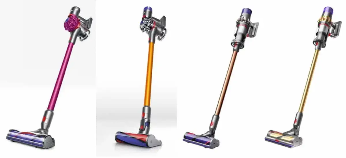różne modele odkurzaczy Dyson obok siebie