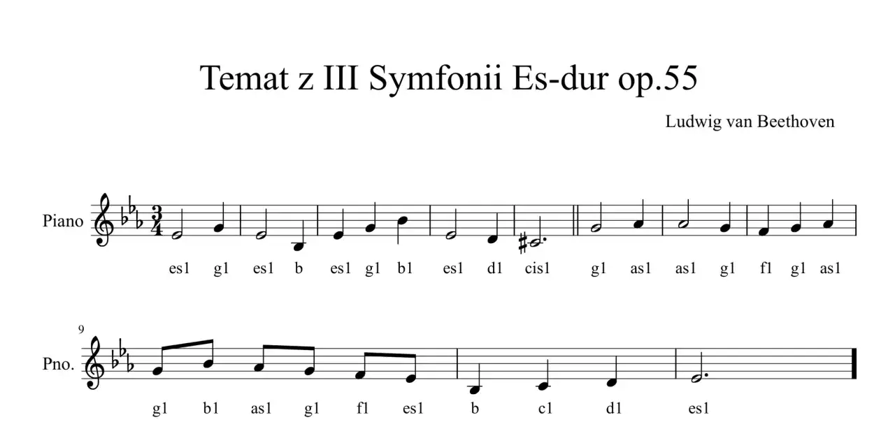 Fragment partytury fortepianowej z III Symfonii Es-dur op.55 Beethovena. Wskazany jest bemol, który wpływa na interpretację dźwięków.