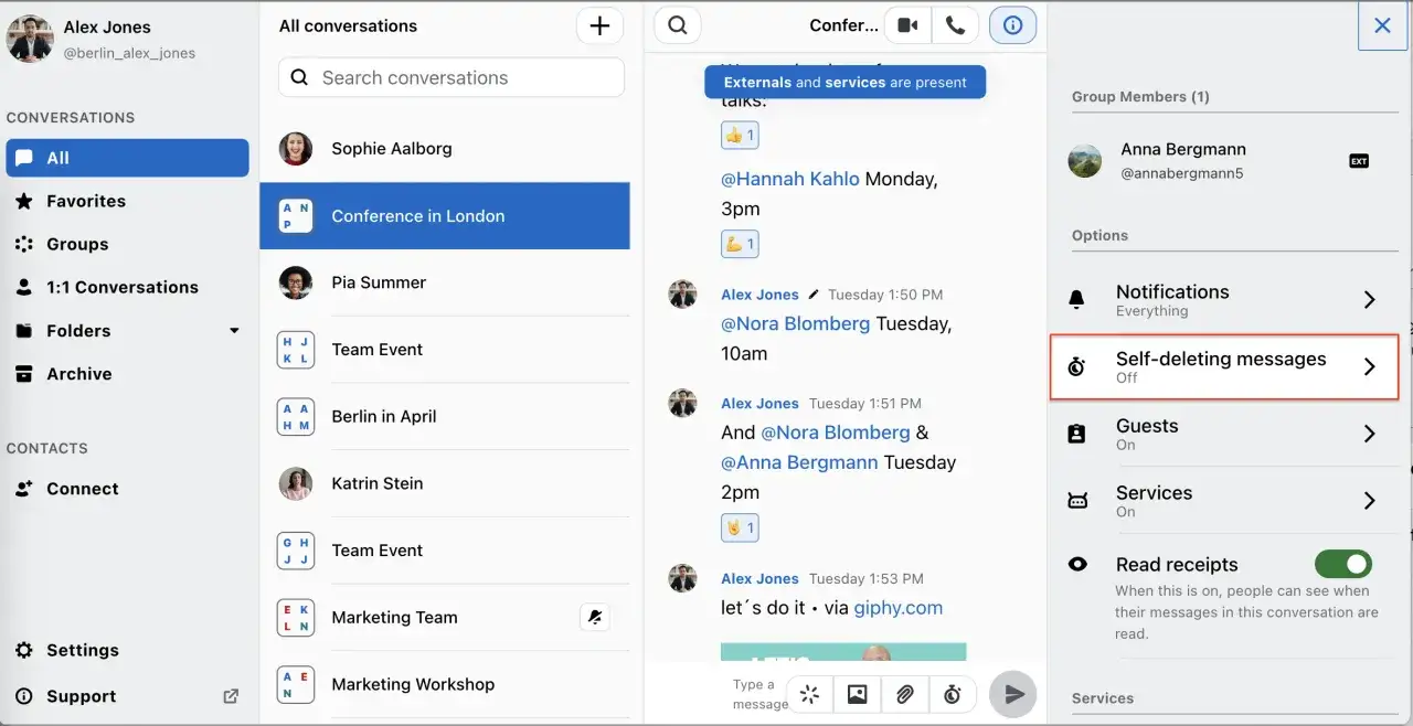 Ustawienia komunikatora na telefon: wyłączone samoniszczące się wiadomości, włączone potwierdzenia odczytu.
