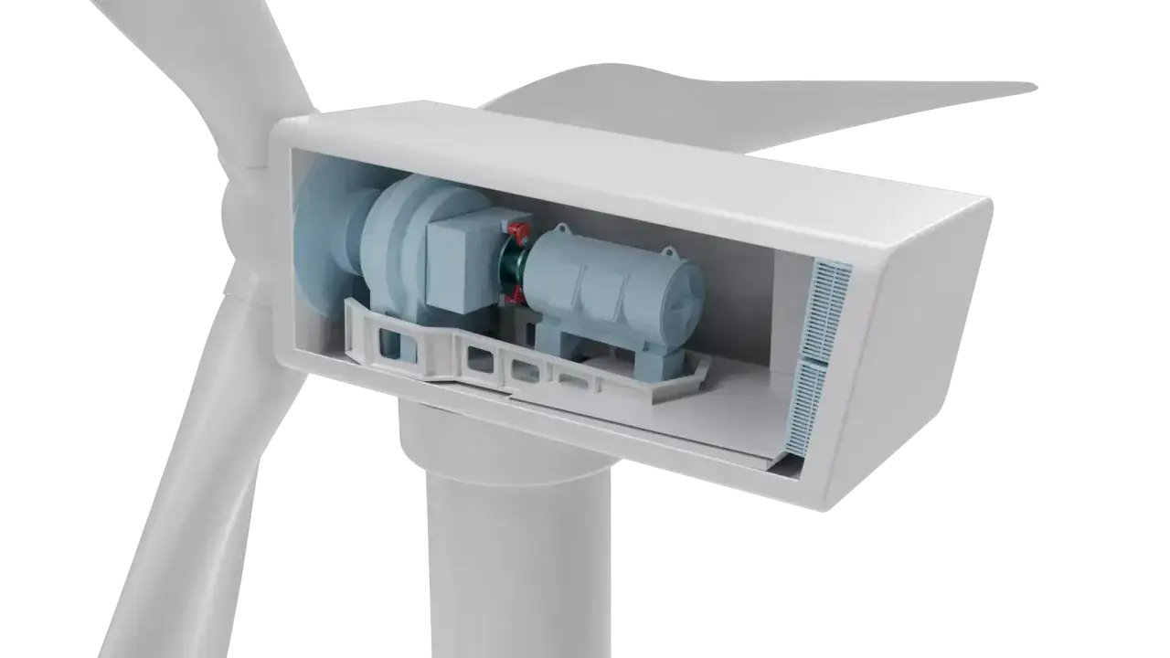 technik serwisujący gondolę turbiny wiatrowej